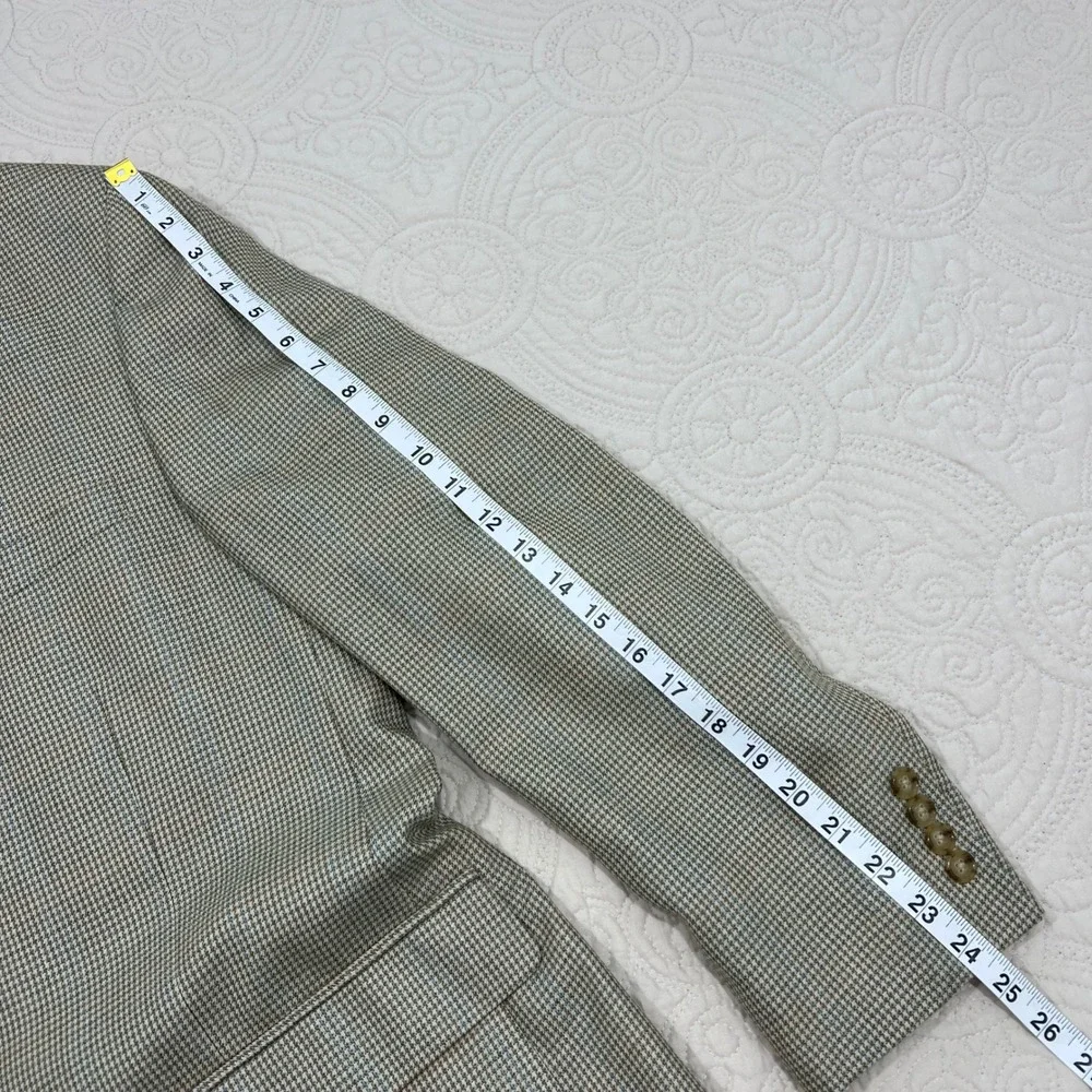 Haspel Mens Silk Wool Blazer Sport Coat 42R Tan Blue Micro Houndstooth 2 Button